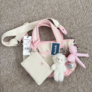 Madden Girl Pink and Cream Canvas Bag with Teddy Bear and Bow Charms